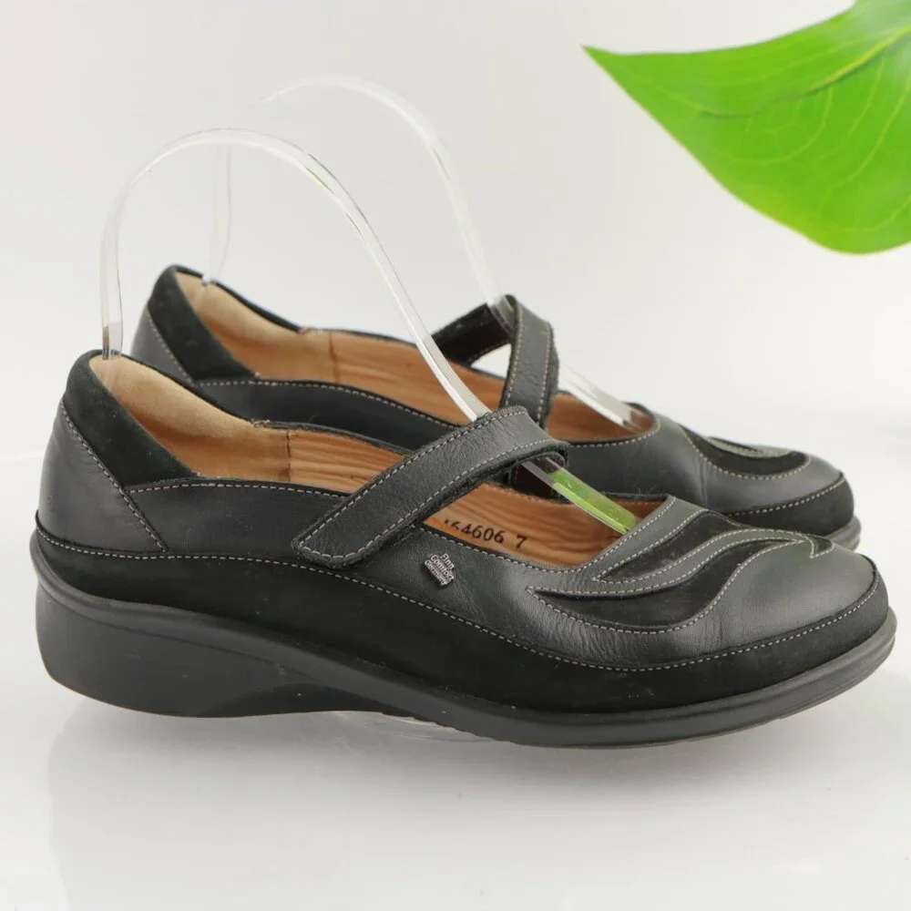 Finn Comfort Womens Glendale Mary Jane Shoe Size 37 6 Black Leather Flats Loafer